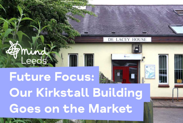 Picture of Delacey House with Leeds Mind logo and text reading Future Focus: Our Kirkstall Building Goes on the Market