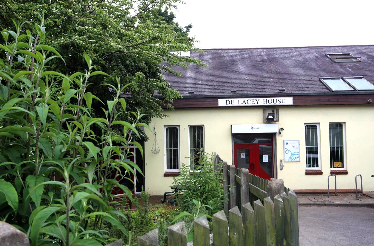 Main entrance to Delacey House, with greenery to the left